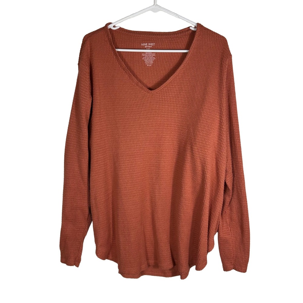 Nine West Soft Spun Rust Orange Waffle Knit V-Neck Long Sleeve Top XXL
